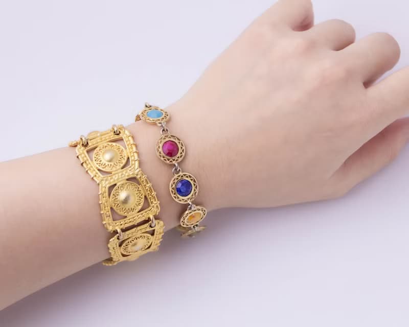 美國古董 古文明復興風格金手鍊 與 染色寶石細絲花邊手鍊