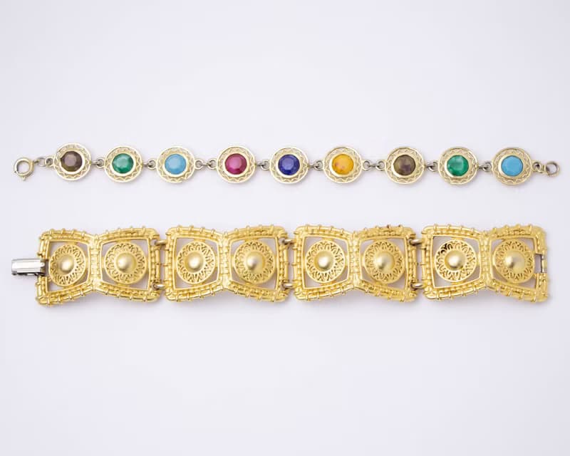 美國古董 古文明復興風格金手鍊 與 染色寶石細絲花邊手鍊