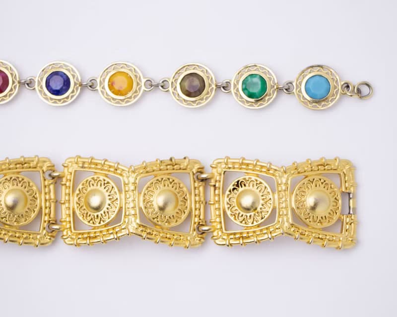 美國古董 古文明復興風格金手鍊 與 染色寶石細絲花邊手鍊