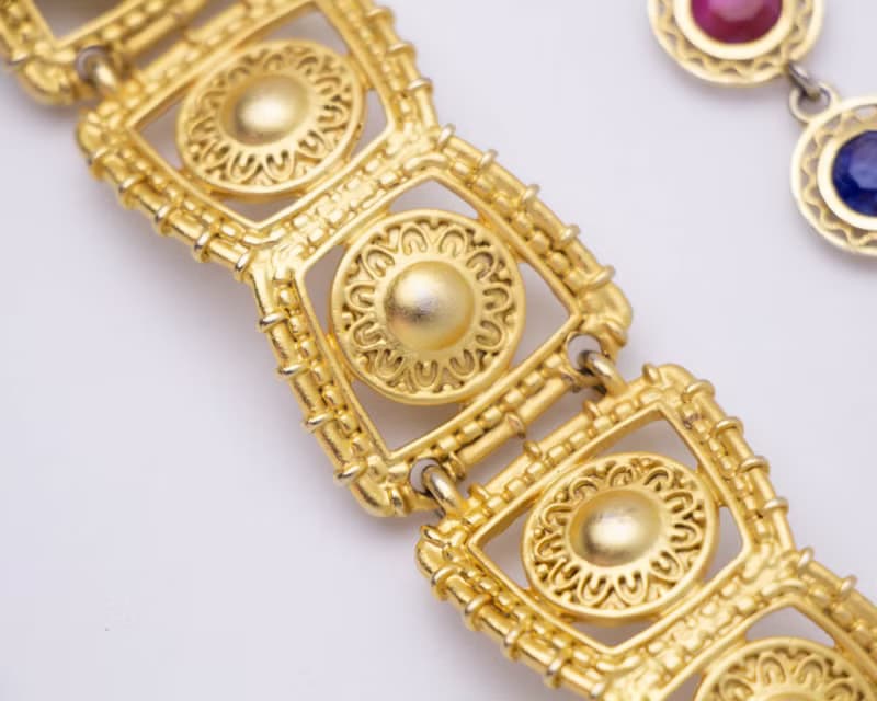 美國古董 古文明復興風格金手鍊 與 染色寶石細絲花邊手鍊