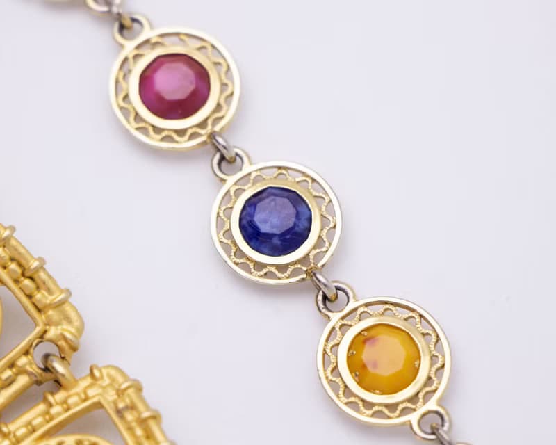 美國古董 古文明復興風格金手鍊 與 染色寶石細絲花邊手鍊