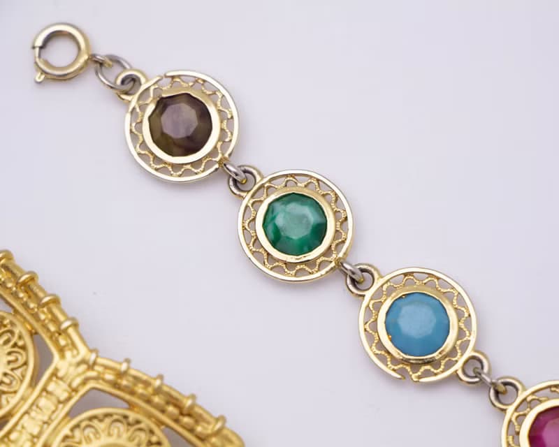 美國古董 古文明復興風格金手鍊 與 染色寶石細絲花邊手鍊