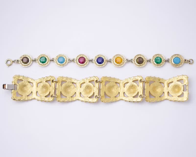 美國古董 古文明復興風格金手鍊 與 染色寶石細絲花邊手鍊