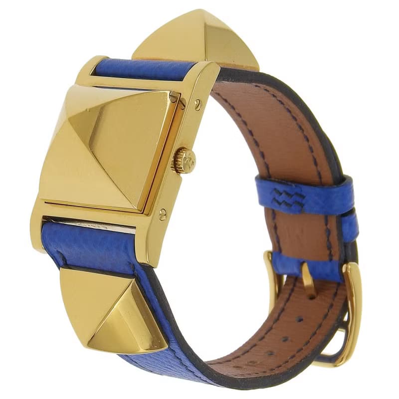 【日本直送】エルメス HERMES メドール 腕時計 金メッキ × 型押しレザー  クオーツ アナログ表示 白文字盤 レディース【中古】