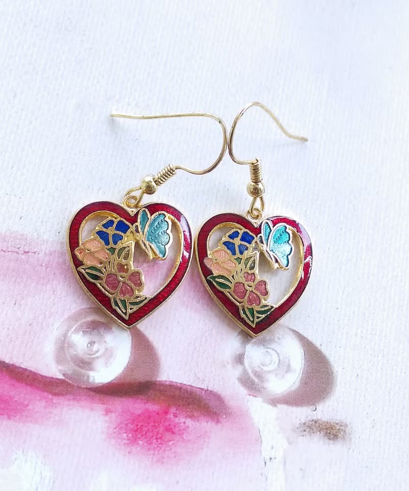 Vintage Jewelry 西洋古董飾品 景泰藍 愛心 蝶花 針式耳環