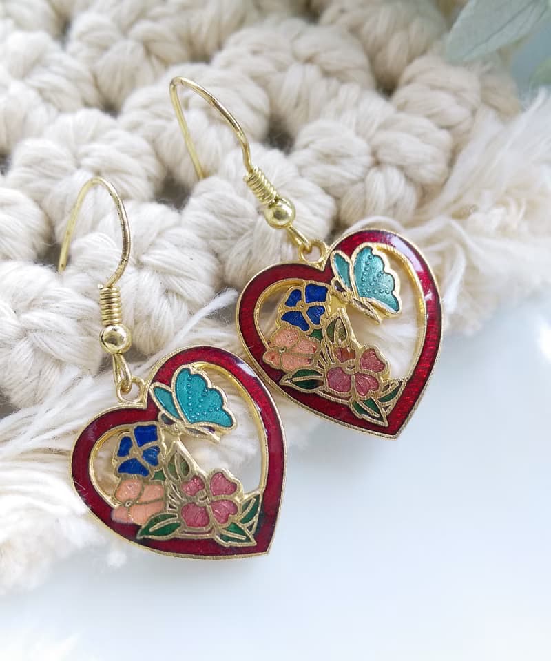 Vintage Jewelry 西洋古董飾品 景泰藍 愛心 蝶花 針式耳環