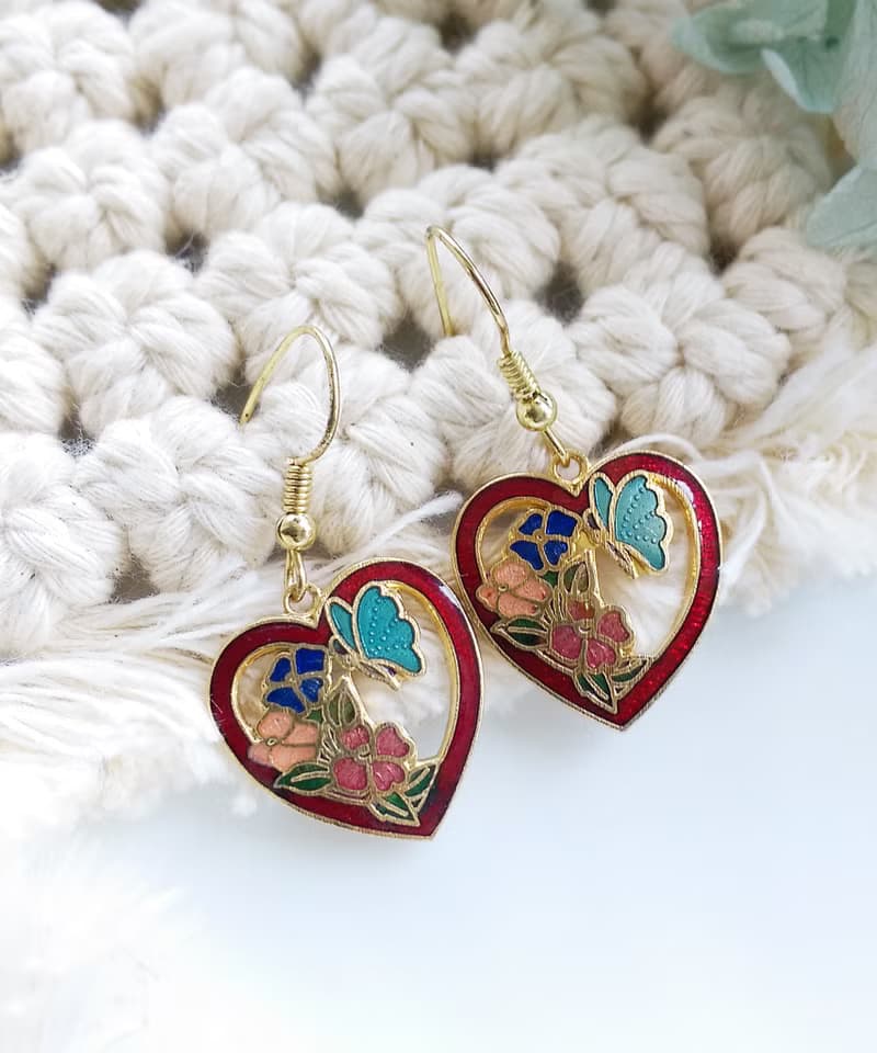 Vintage Jewelry 西洋古董飾品 景泰藍 愛心 蝶花 針式耳環
