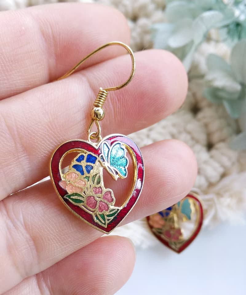 Vintage Jewelry 西洋古董飾品 景泰藍 愛心 蝶花 針式耳環