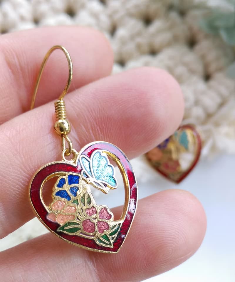Vintage Jewelry 西洋古董飾品 景泰藍 愛心 蝶花 針式耳環