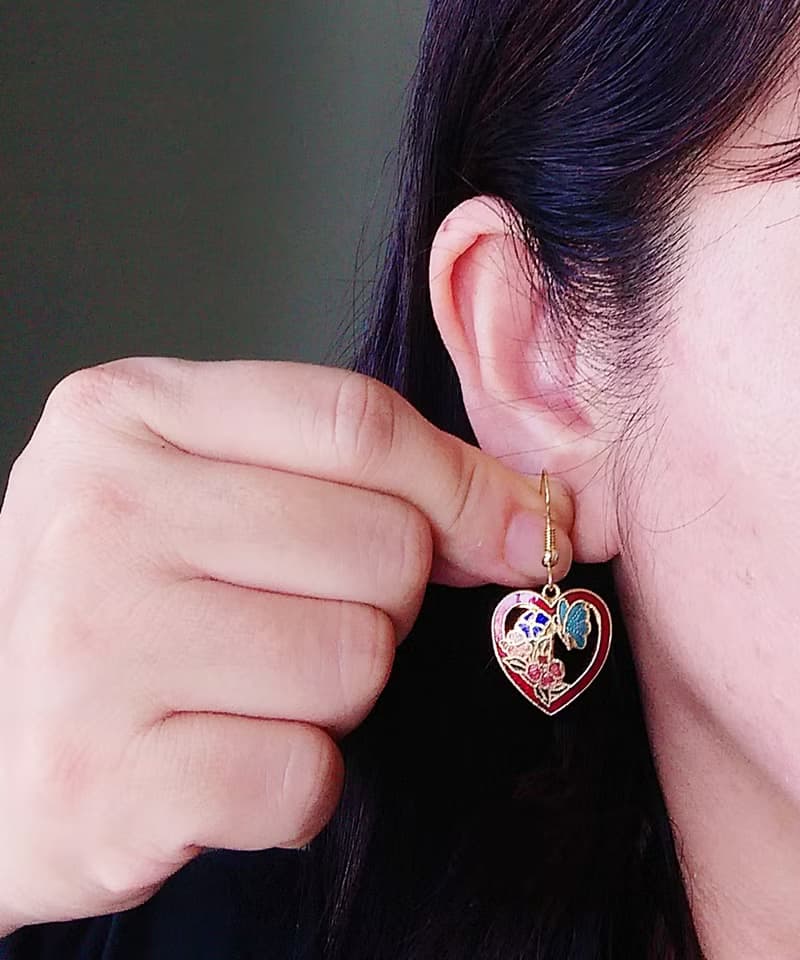 Vintage Jewelry 西洋古董飾品 景泰藍 愛心 蝶花 針式耳環