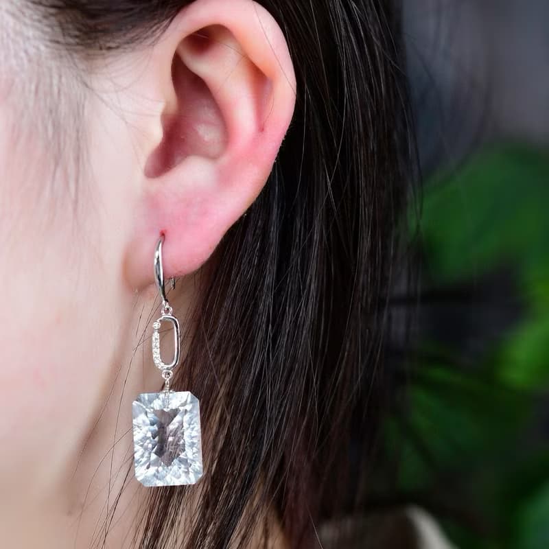 純天然白水晶切面長方形鳥巢耳墜 高冰起熒光 底色潔白均勻