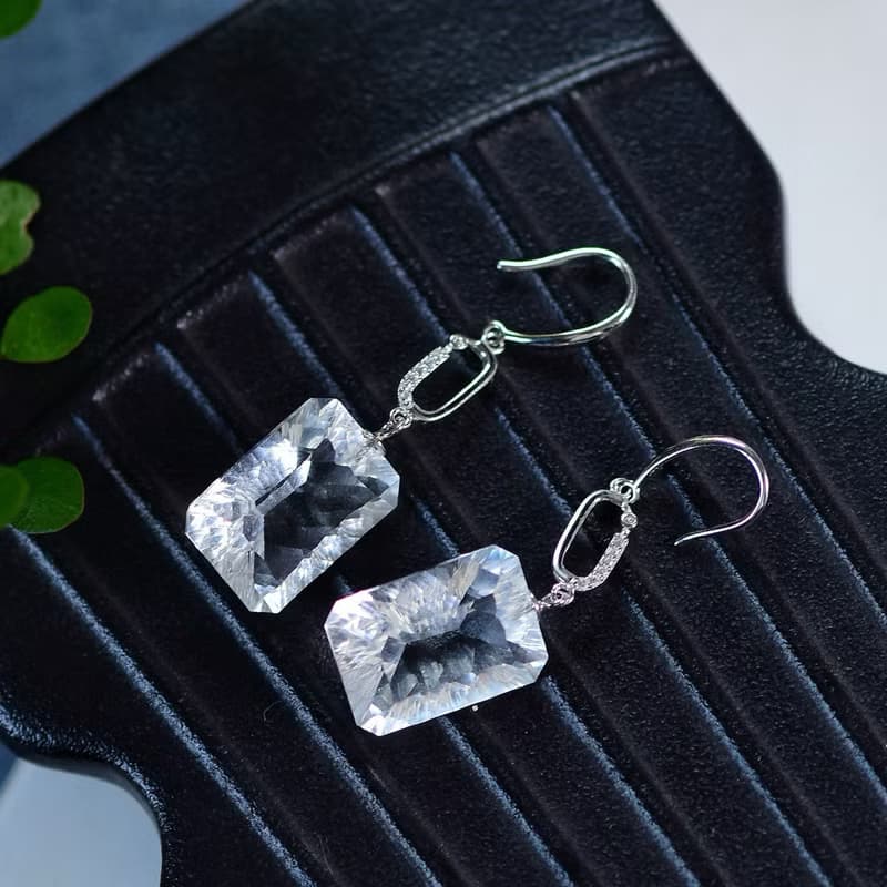 純天然白水晶切面長方形鳥巢耳墜 高冰起熒光 底色潔白均勻