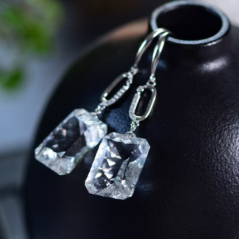 純天然白水晶切面長方形鳥巢耳墜 高冰起熒光 底色潔白均勻