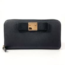 【日本直送 中古美品】プラダ PRADA 長財布 サフィアーノレザー ブラック リボン ジッピーウォレット