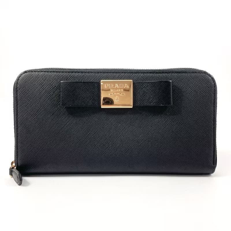 【日本直送 中古美品】プラダ PRADA 長財布 サフィアーノレザー ブラック リボン ジッピーウォレット