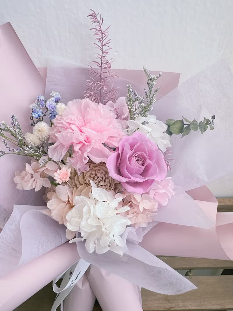 美好時光 | 粉紫不凋花花束、永生花花束、情人節、求婚花