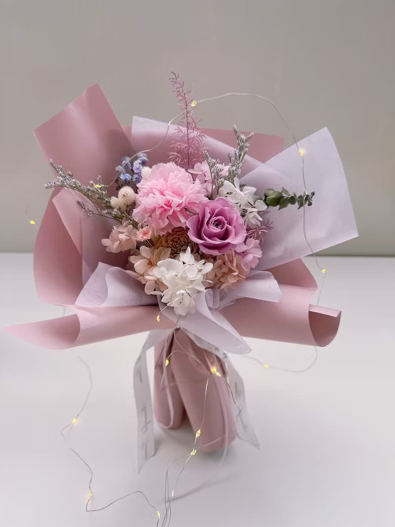 美好時光 | 粉紫不凋花花束、永生花花束、情人節、求婚花