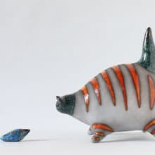 Handmade Ceramic Cat with Fish – Modern Animal Sculpture with Orange Stripes
