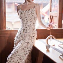 浮光 香檳金吊帶洋裝 無袖亮片長裙 生日戰袍訂婚禮服裙連衣裙