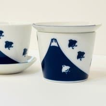 美濃燒-千鳥富士山染付猪口杯+小皿