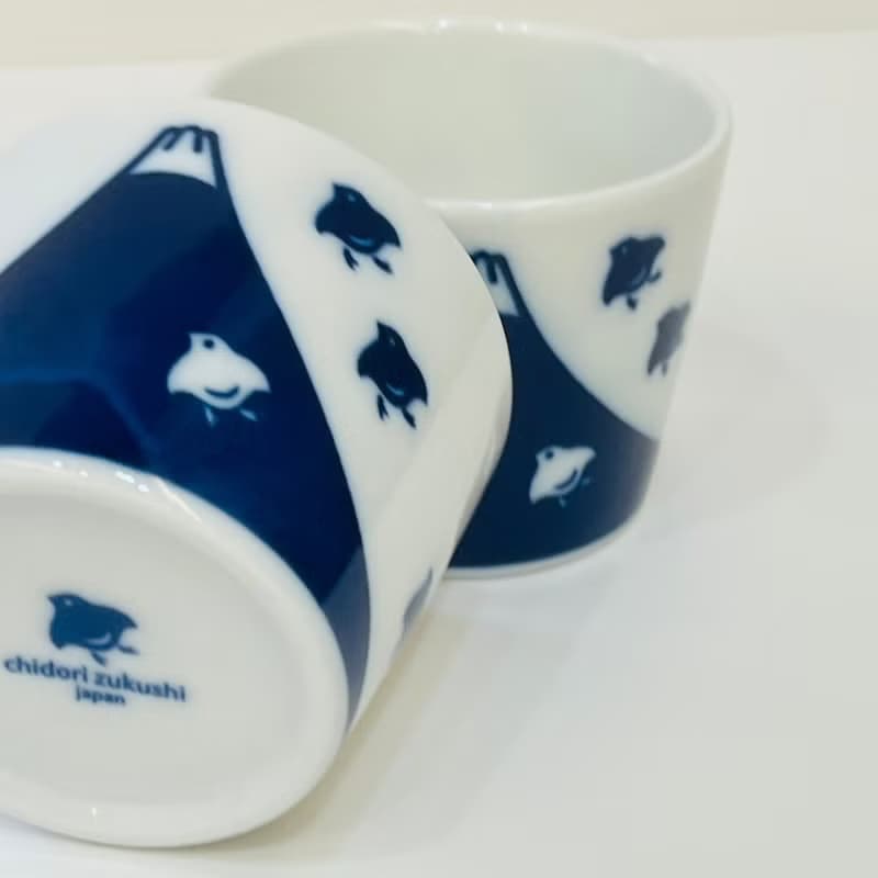 美濃燒-千鳥富士山染付猪口杯+小皿