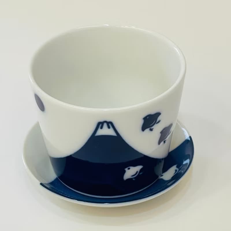 美濃燒-千鳥富士山染付猪口杯+小皿
