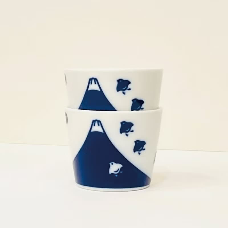美濃燒-千鳥富士山染付猪口杯+小皿