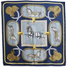 【日本直送】エルメス HERMES カレ90 スカーフ GRAND APPARAT 盛装の馬 シルク 青 レディース【中古】