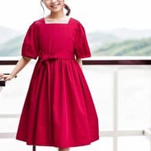 女童紅色復古宮廷風方領泡泡袖手作洋裝禮服