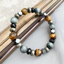 黃虎眼石/鷹眼石/黑膽石/黑瑪瑙/黃鐵礦 手作設計款能量水晶手鍊