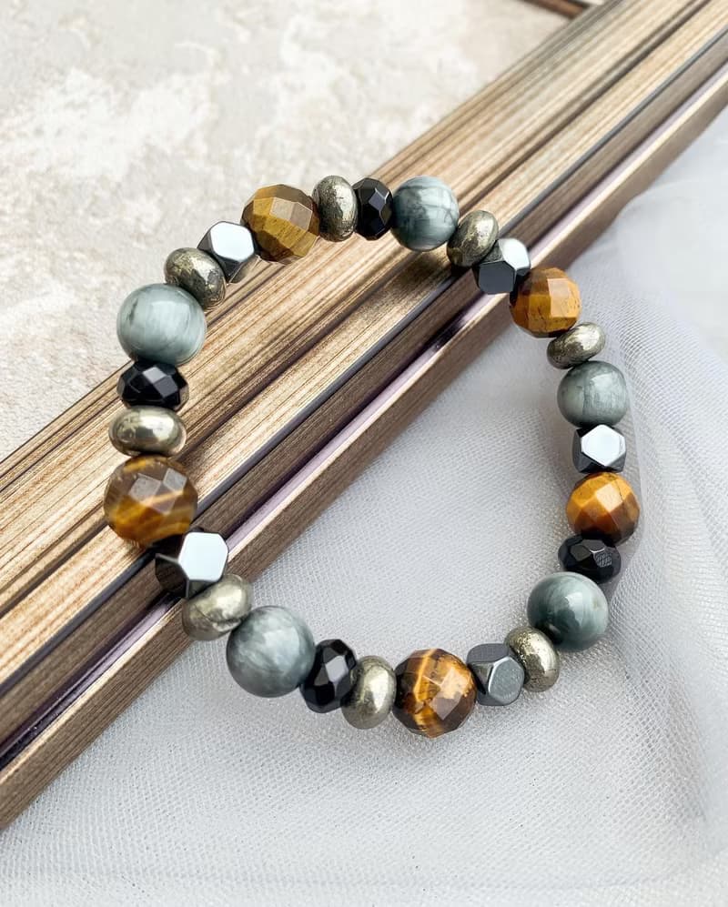 黃虎眼石/鷹眼石/黑膽石/黑瑪瑙/黃鐵礦 手作設計款能量水晶手鍊