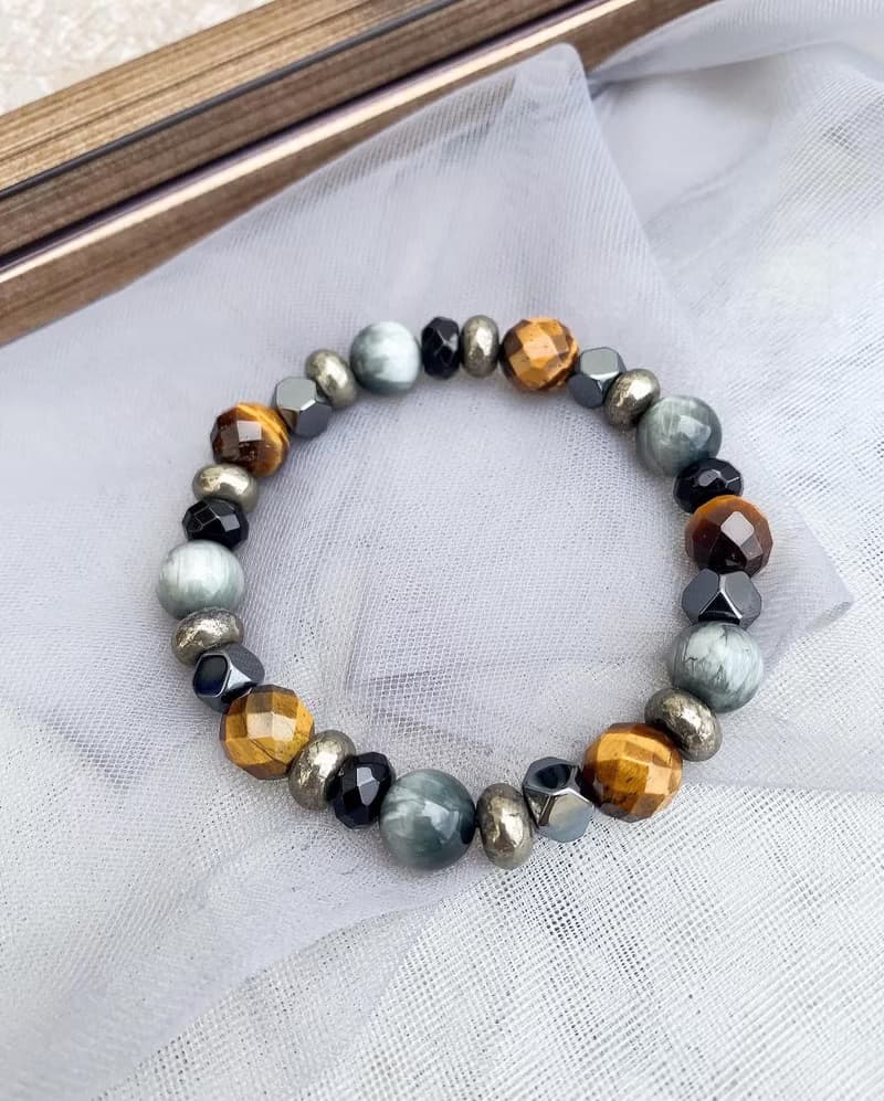 黃虎眼石/鷹眼石/黑膽石/黑瑪瑙/黃鐵礦 手作設計款能量水晶手鍊