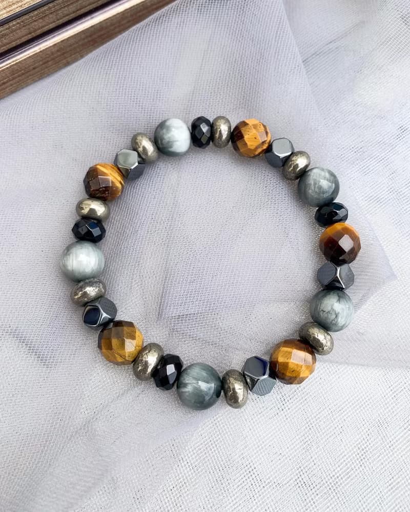 黃虎眼石/鷹眼石/黑膽石/黑瑪瑙/黃鐵礦 手作設計款能量水晶手鍊