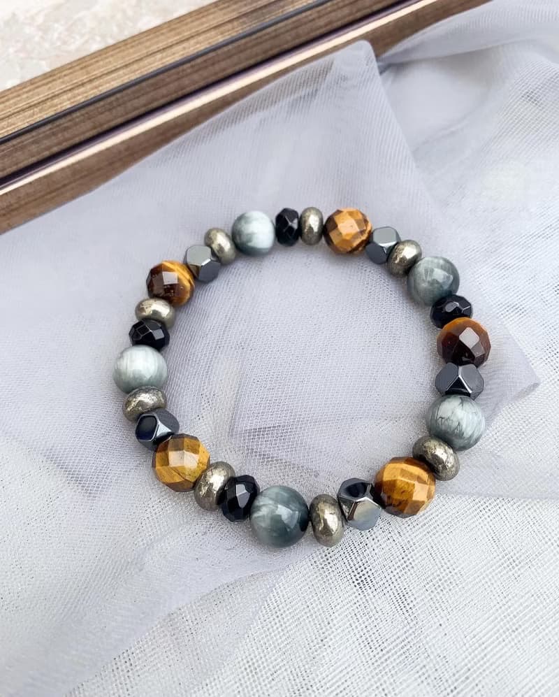 黃虎眼石/鷹眼石/黑膽石/黑瑪瑙/黃鐵礦 手作設計款能量水晶手鍊