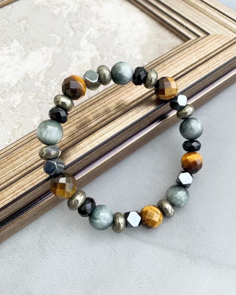 黃虎眼石/鷹眼石/黑膽石/黑瑪瑙/黃鐵礦 手作設計款能量水晶手鍊