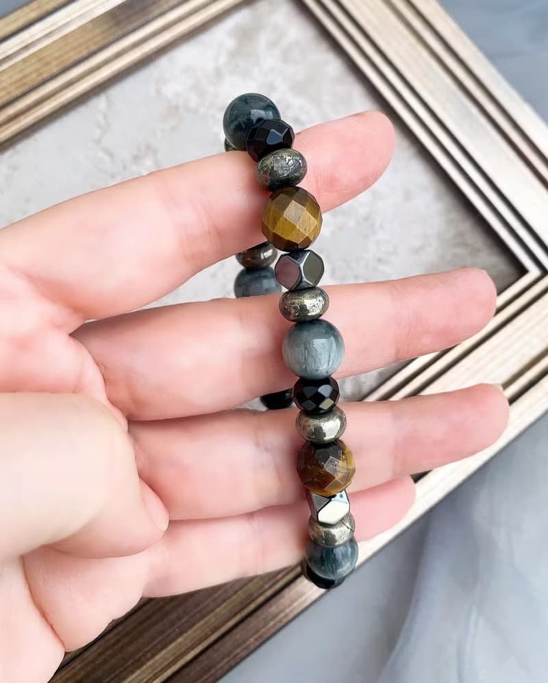 黃虎眼石/鷹眼石/黑膽石/黑瑪瑙/黃鐵礦 手作設計款能量水晶手鍊