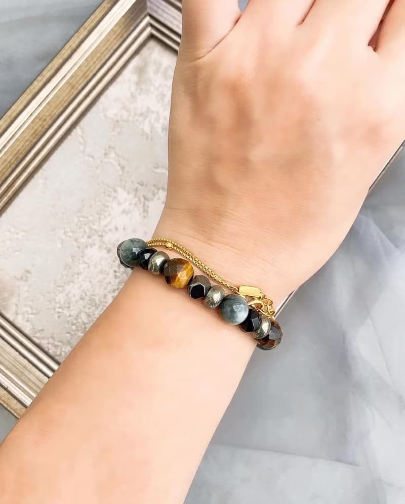 黃虎眼石/鷹眼石/黑膽石/黑瑪瑙/黃鐵礦 手作設計款能量水晶手鍊