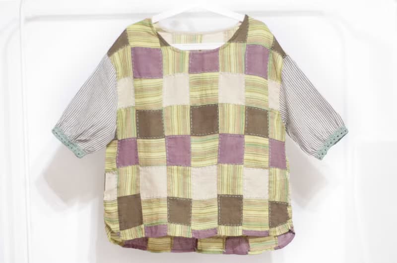 刺繡上衣/拼接泡泡袖上衣/鉤織寬版上衣/ethnic tops-方格彩虹
