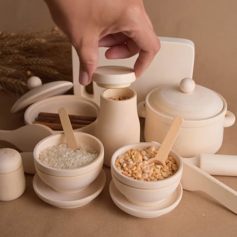 Wooden Play Kitchen Dishes Set Toy for Toddlers