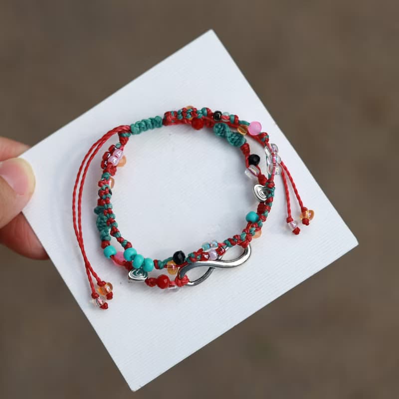 Infinity mint pink woven waxed cord double layered bracelet