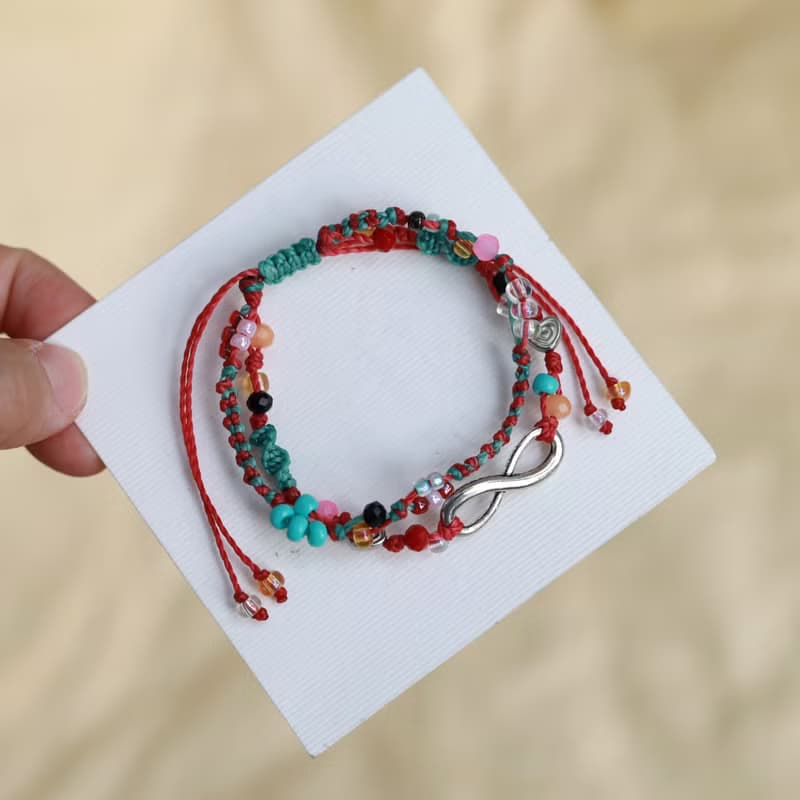 Infinity mint pink woven waxed cord double layered bracelet