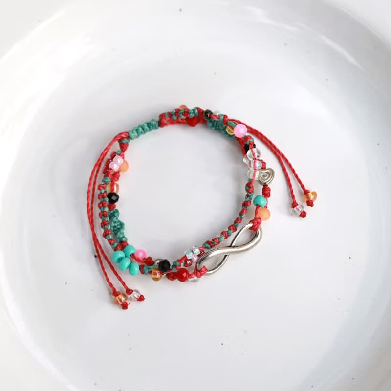 Infinity mint pink woven waxed cord double layered bracelet