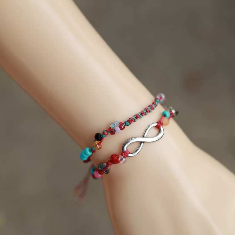 Infinity mint pink woven waxed cord double layered bracelet