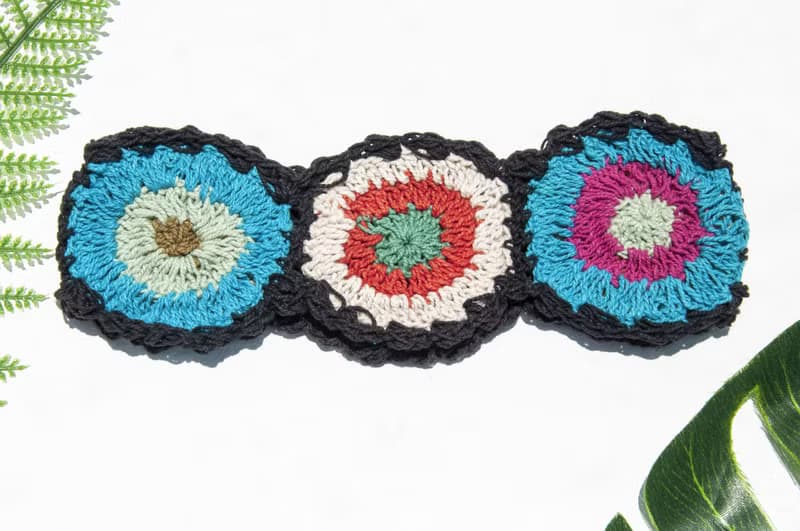 手工棉線編織髮帶/編織繽紛髮帶/手工鉤織髮帶-黑色繽紛彩虹花朵