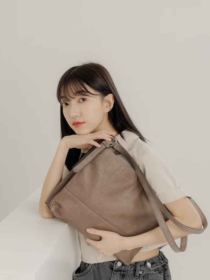 supportingrole 真皮極簡四方2層都市手提托特包  奶茶咖啡