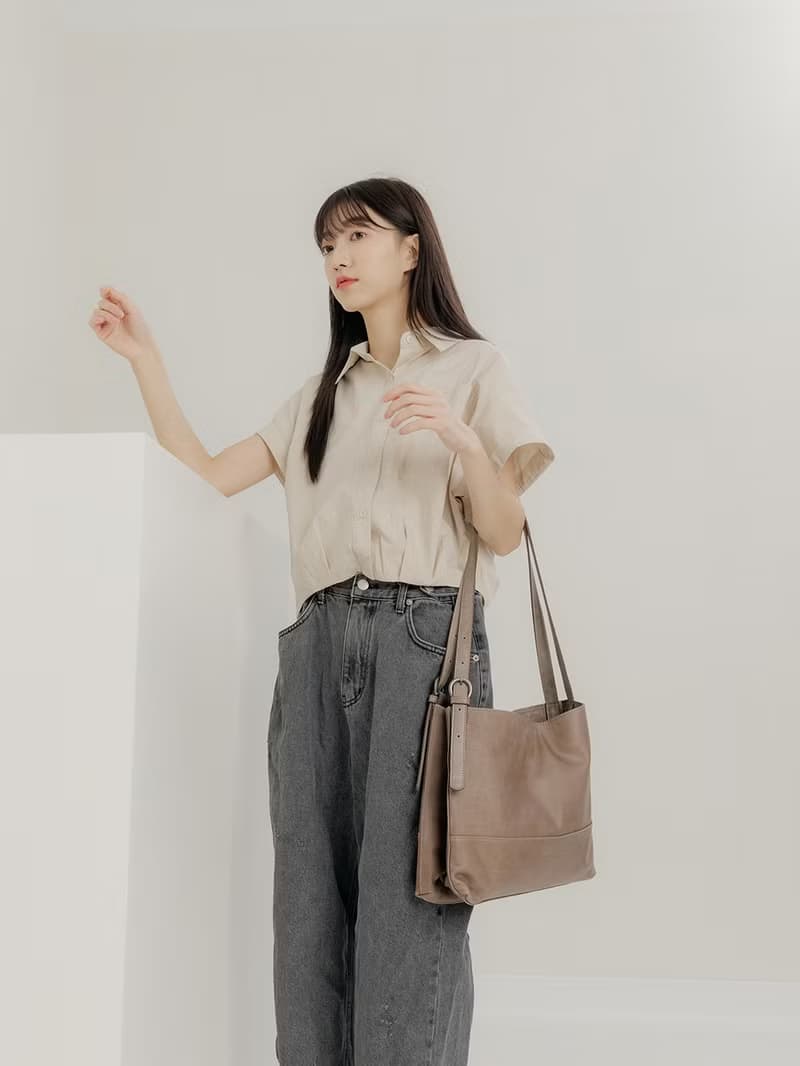 supportingrole 真皮極簡四方2層都市手提托特包  奶茶咖啡