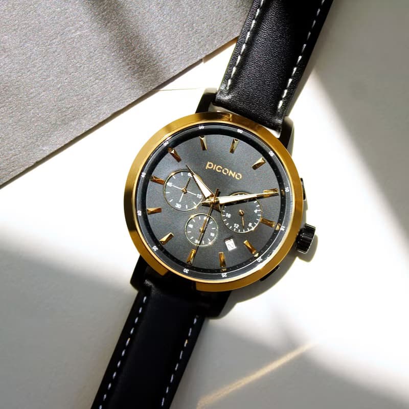 D-Time 真三眼多功能系列真皮錶帶手錶  DT-9201 金色/黑色