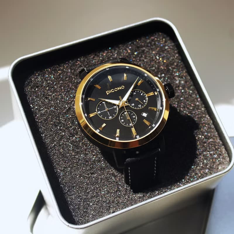 D-Time 真三眼多功能系列真皮錶帶手錶  DT-9201 金色/黑色