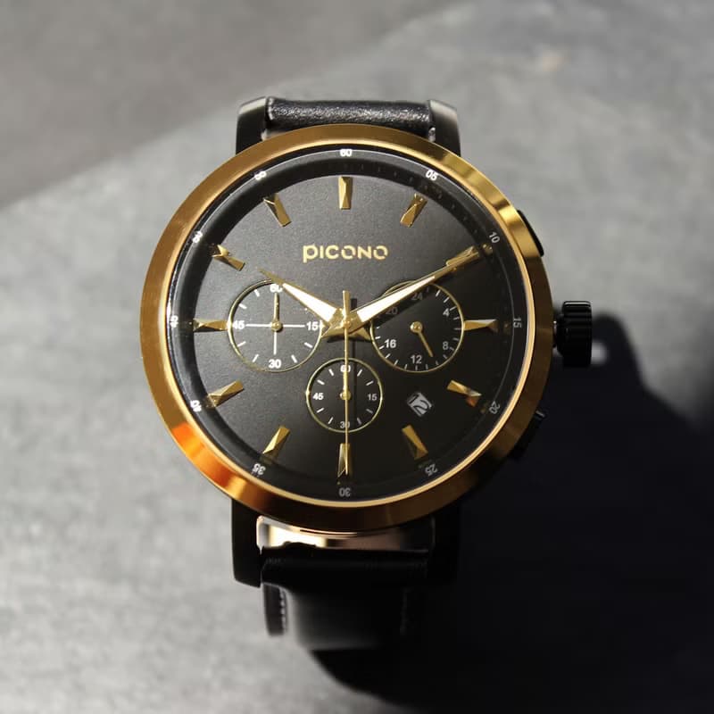D-Time 真三眼多功能系列真皮錶帶手錶  DT-9201 金色/黑色