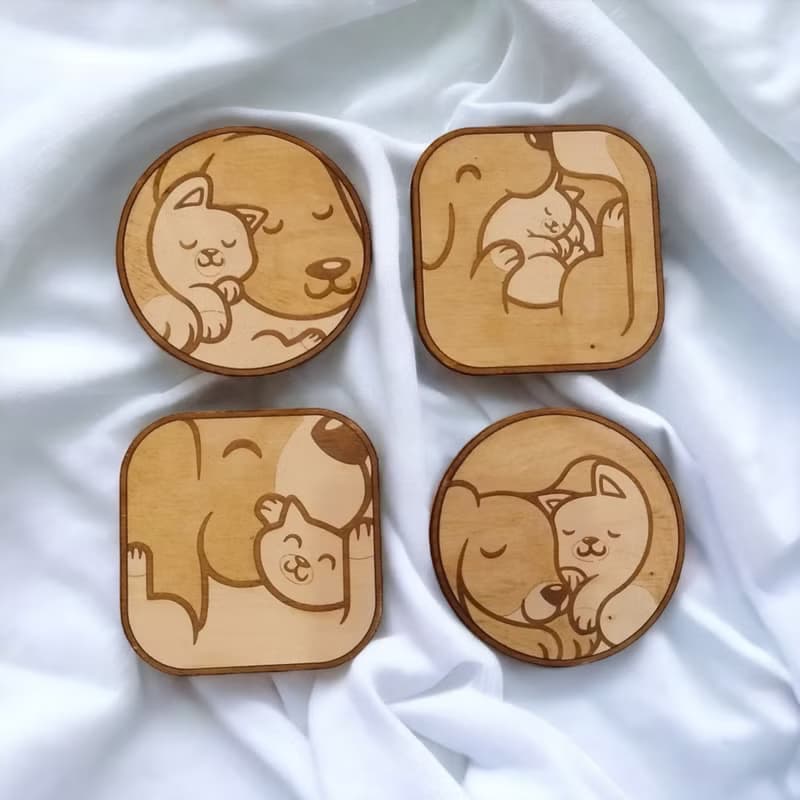 Dogs & Cats Wooden Coaster Set – Wooden Drink Coasters Featuring Adorable Pets
